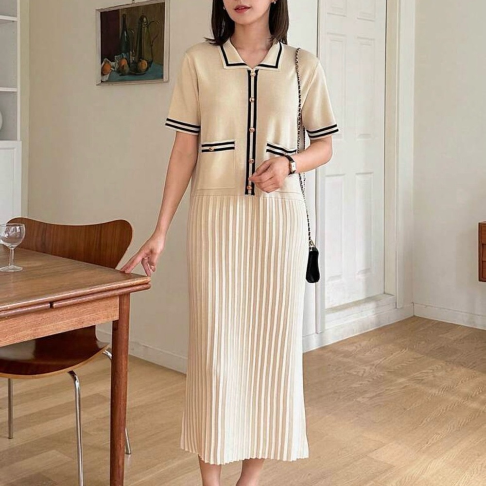 SHEIN Cream Knit Polo Midi Dress with Black Trim